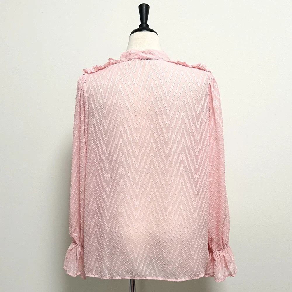 Shein Pink Sheer Chevron Faux Pearl Puff Flounce Sleeve Pussycat Bow Blouse 2XL - Picture 7 of 10